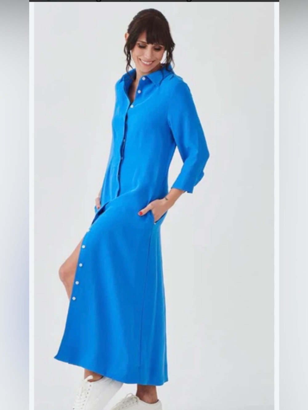Perlavera *NEW* Women's Blue 3/4 Sleeve Button Maxi Dress. Size S. MSRP $196